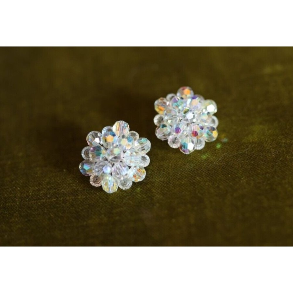Vintage Crystal Clip On Earrings Clear Aurora Borealis Faceted Cluster Bead 1"